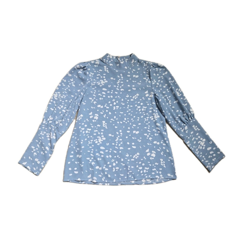 Shein Blue & White Polka Dot Bell Sleeve Top Bliuse Mockneck Size M